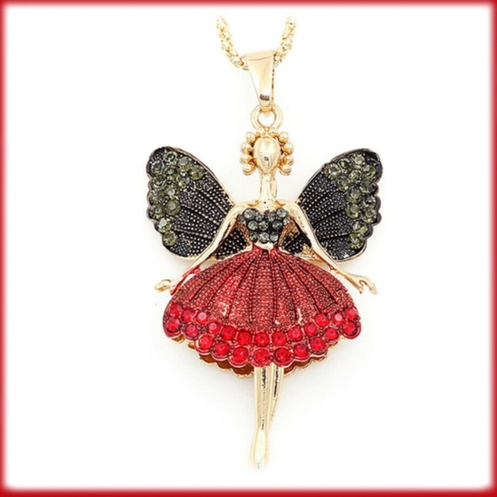 Crystal Rhinestone Necklace Red Black Fairy Crystal Angel Ballet Dancer Pendant